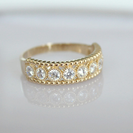 订货 韩国纯14K金戒指女 复古蕾丝边大钻排镶指环18K金 罗马假日