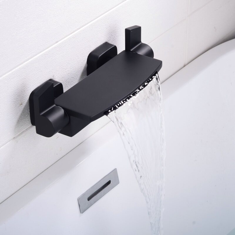 入墙式浴缸水龙头黑色双孔双控全铜瀑布出水木桶上烤漆陶瓷片阀芯