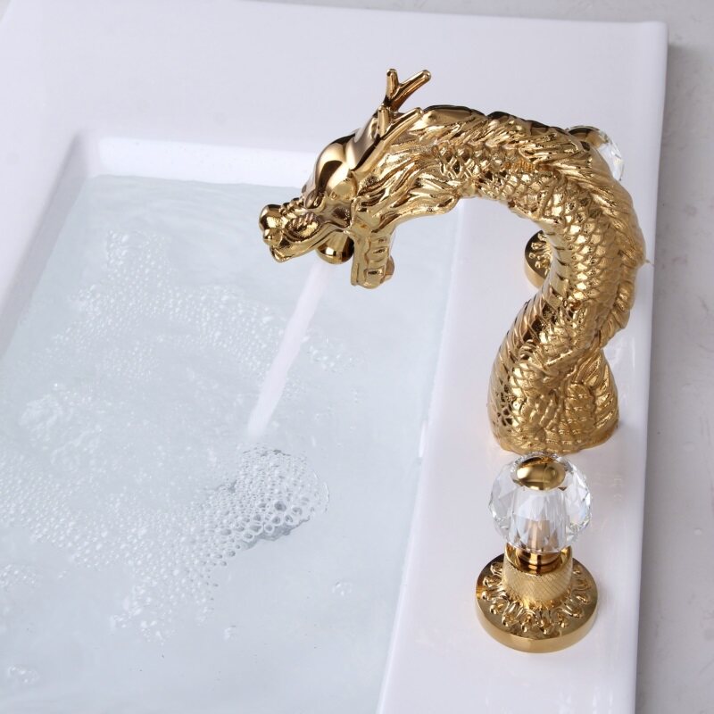 全铜龙电镀钛金浴室三孔水龙头洗脸盆水晶分体冷热水双控陶瓷阀芯