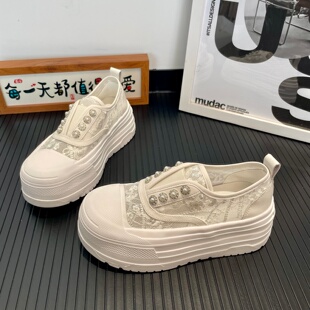 厚底增高网面鞋女2026夏季新款一脚蹬懒人渔夫鞋松糕网鞋休闲板鞋