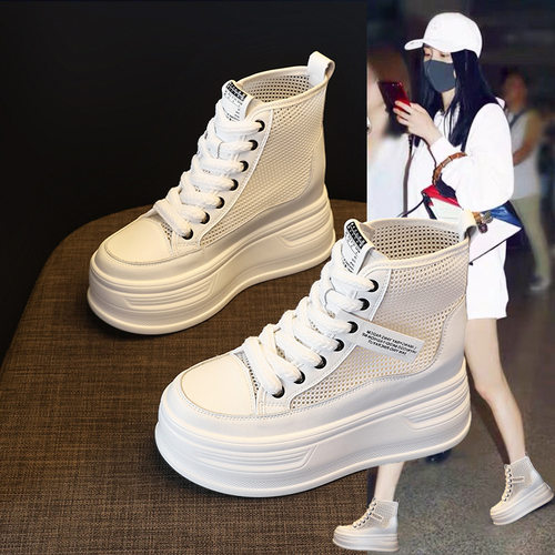 网面内增高小白鞋女2026夏季松糕厚底网纱透气高帮鞋镂空马丁靴子