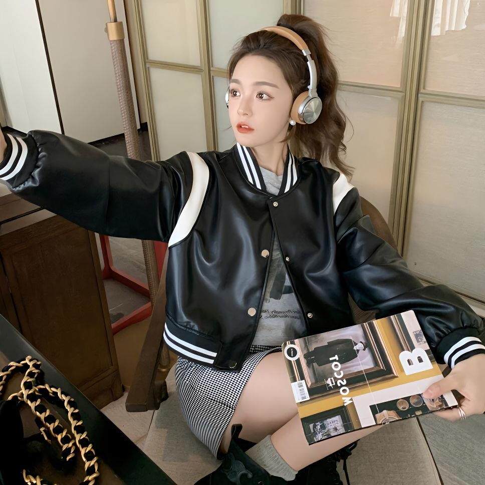黑白拼色棒球服外套女2024外套宽松球服休闲皮夹机车皮夹克短外套