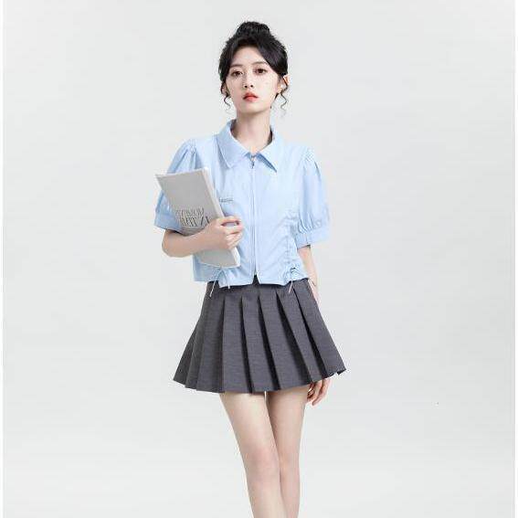 蓝色抽绳拉链短袖新款泡泡袖polo领上衣短款衬衫女夏绳衬衣衬衫女