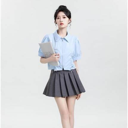 蓝色抽绳拉链短袖新款泡泡袖polo领上衣短款衬衫女夏绳衬衣衬衫女
