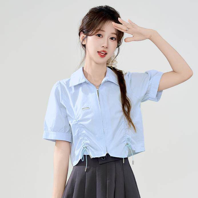 夏季新款泡泡袖衬衫女设计感2024蓝色拉链百搭上衣设计袖上衣女纯