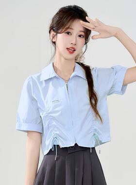夏季新款泡泡袖衬衫女设计感2024蓝色拉链百搭上衣设计袖上衣女纯