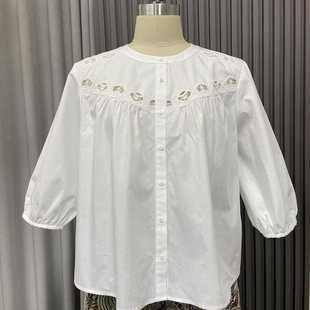 法式高级感棉白色衬衣女娃娃装美减龄清新镂空刺绣圆领七分袖衬衫