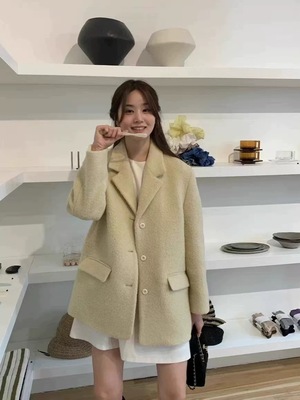 现货OUNCE羊毛幼羊驼毛西服外套厚女冬季新款韩国东大门气质翻领
