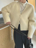 现货lamagie femme韩国东大门2025秋冬V领短款 苏丽羊驼绒大衣外套