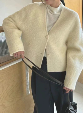 现货lamagie femme韩国东大门2025秋冬V领短款苏丽羊驼绒大衣外套