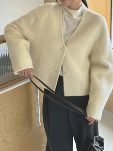 现货lamagie 苏丽羊驼绒大衣外套 femme韩国东大门2025秋冬V领短款