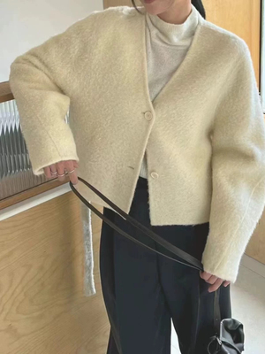 现货lamagie femme韩国东大门2025秋冬V领短款苏丽羊驼绒大衣外套