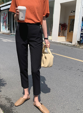 秋季2024新款灰色西装裤高级感垂感松紧腰小脚九分窄版烟管裤子