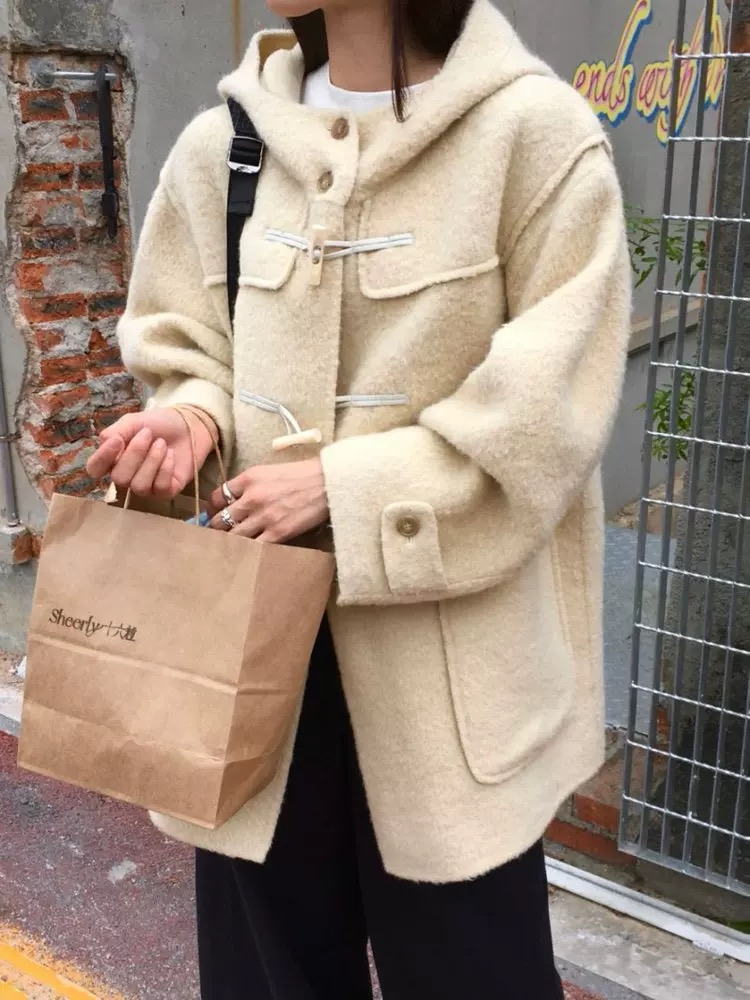 现货韩国东大门冬季room牛角扣连帽苏丽羊驼毛大衣外套