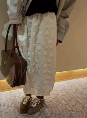 现货韩国直邮东大门韩国2025夏季woodsage-a松紧腰立体花朵半身裙