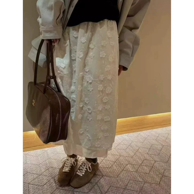 现货韩国直邮东大门韩国2025夏季woodsage-a松紧腰立体花朵半身裙