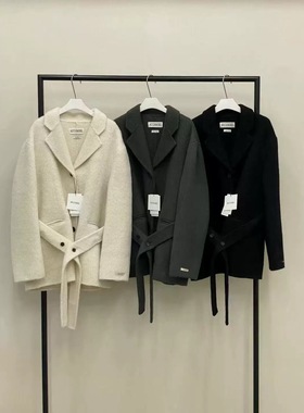 现货 韩国正品 much 休闲百搭系带羊毛呢大衣苏丽羊驼毛西装外套