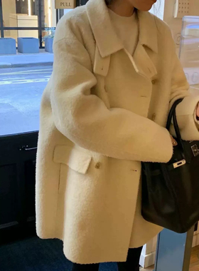 现货！ounce韩国东大门2025秋冬双排扣中长款苏丽羊驼绒大衣外套