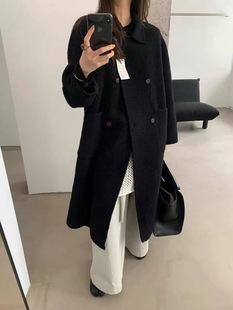 现货韩国东大门代room女2025秋冬气质翻领双排扣中长羊毛大衣外套