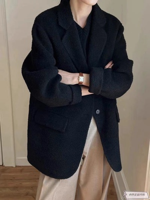 韩国东大门新款黑色双面苏丽羊毛西装呢子女羊毛大衣西服厚外套