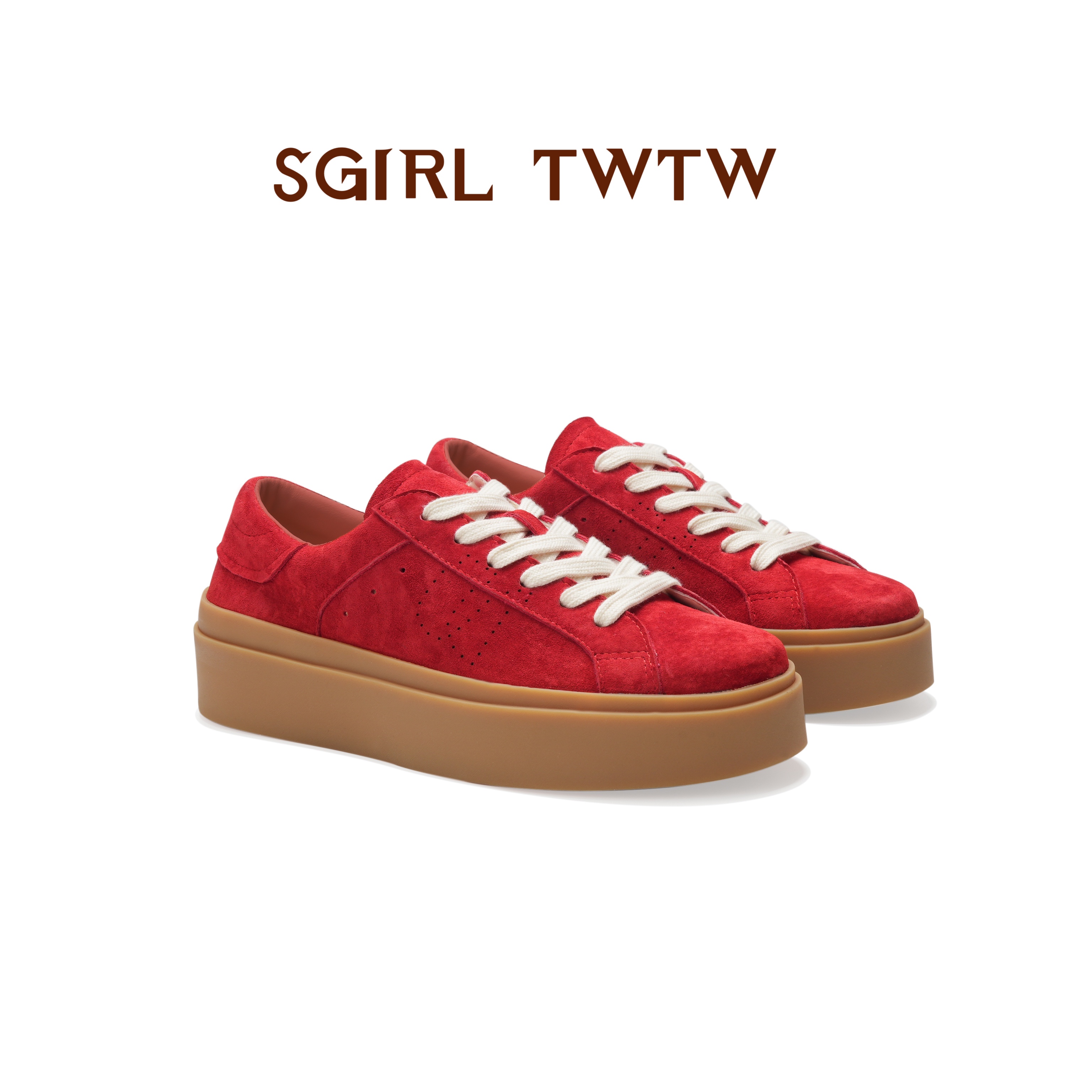 SGIRL TWTW2025新款爆款真皮红色鞋子女款百搭德训鞋厚底板鞋单鞋