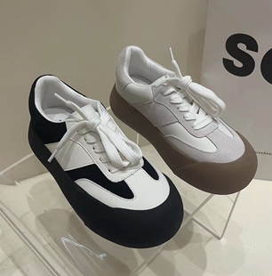 GIRLTWTW大头鞋 加绒蓬蓬鞋 2024新款 百搭厚底板鞋 真皮拼色松糕鞋