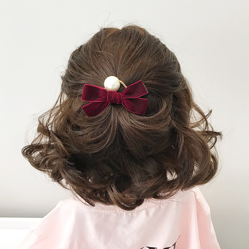 韩国100%韩代高档金丝绒蝴蝶结轻奢名媛大珍珠气质发圈发绳皮筋女