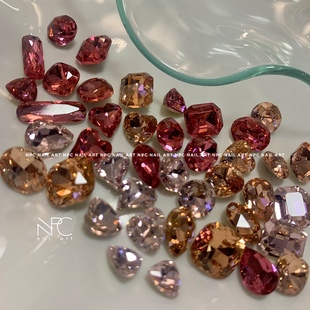 NPC美甲 高定稀有色淡粉玫瑰肥方歪心超闪K9钻石饰品 盛夏水蜜桃