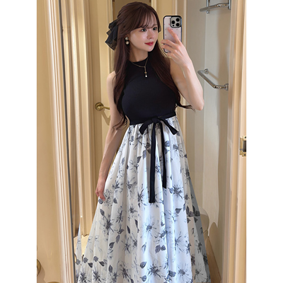 日系复古花卉蝴蝶结系带连衣裙