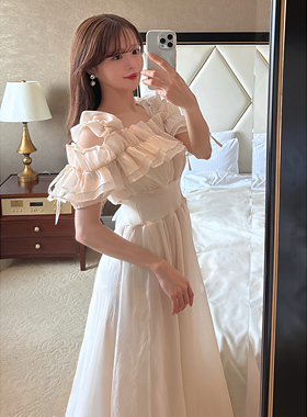 现* 花糖家 日系定制GRL甜美超仙清楚系薄纱露肩系带连衣裙mb1584