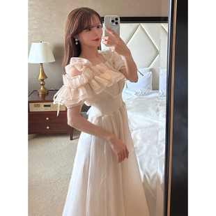 现* 花糖家 日系定制GRL甜美超仙清楚系薄纱露肩系带连衣裙mb1584