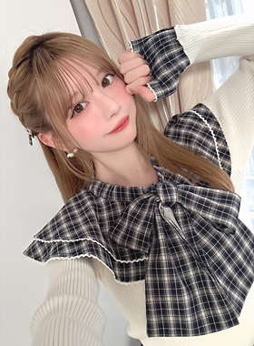 现* 花糖家 日系定制GRL蝴蝶结披肩领格纹修身显瘦上衣tw1244