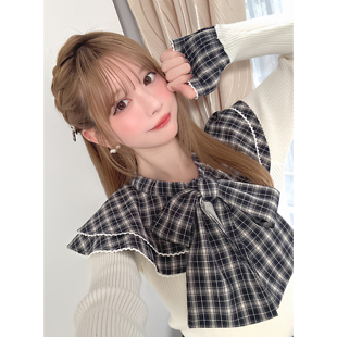 现* 花糖家 日系定制GRL蝴蝶结披肩领格纹修身显瘦上衣tw1244