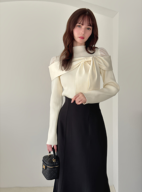 现* 花糖家 日系定制GRL蝴蝶结薄纱露肩修身小高领针织衫tw1236