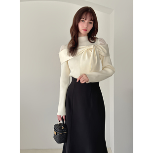 现* 花糖家 日系定制GRL蝴蝶结薄纱露肩修身小高领针织衫tw1236