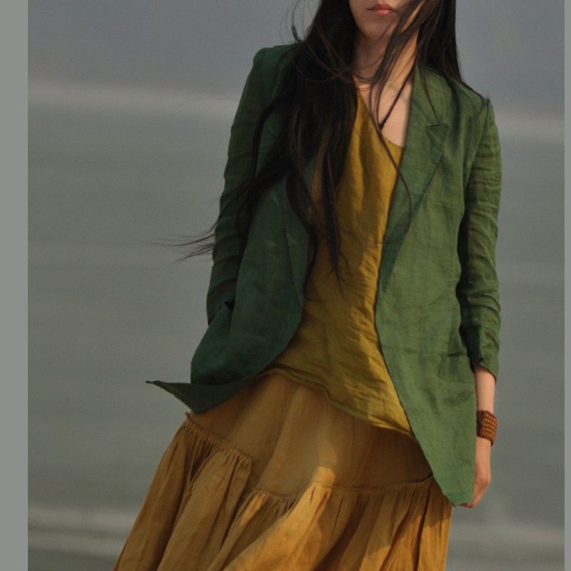 复古墨绿通勤版宽松型女苎麻小西服防晒七分袖防晒小衫纯色白色