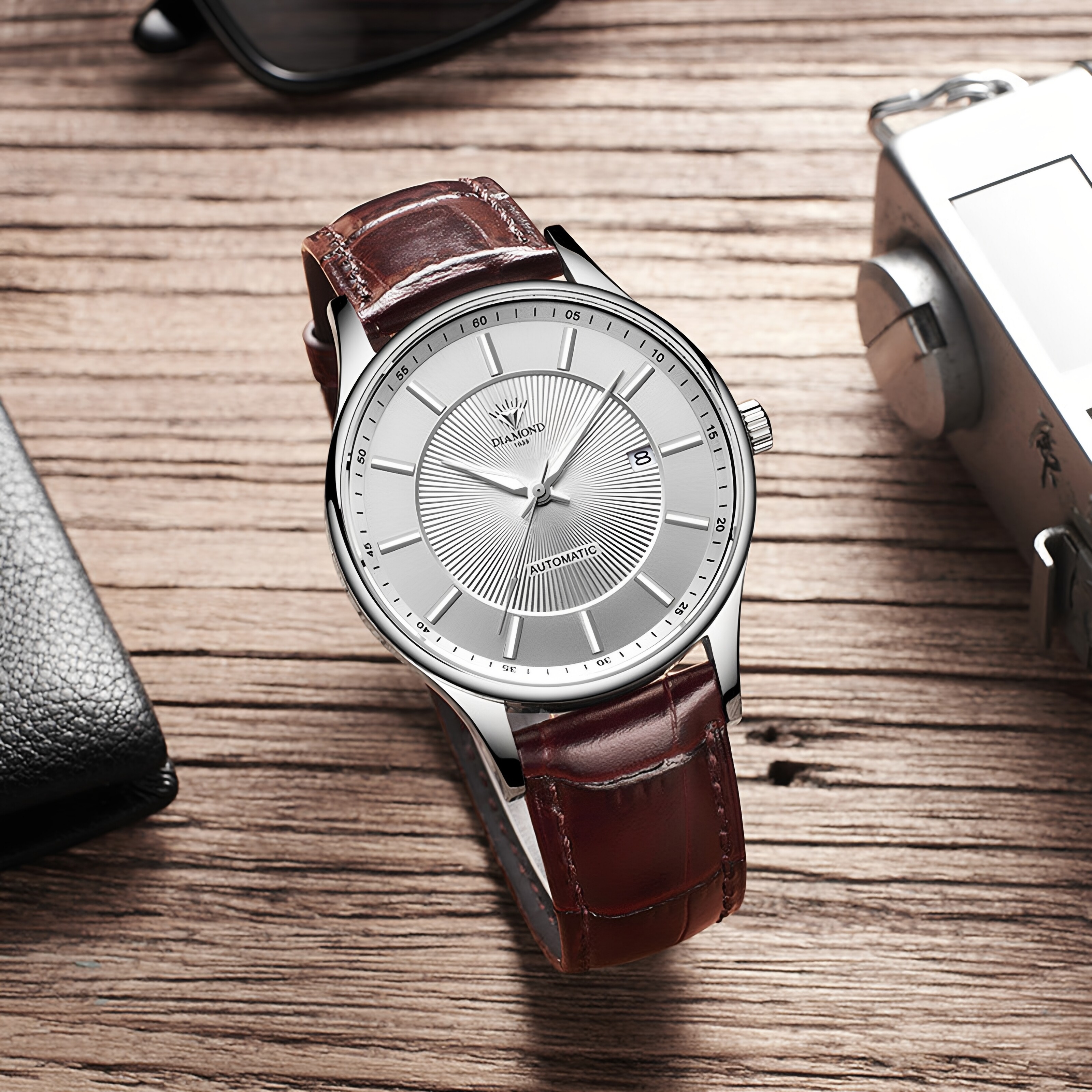 上海钻石牌手表男生手表简约大三针自动机械表男士商务休闲腕表