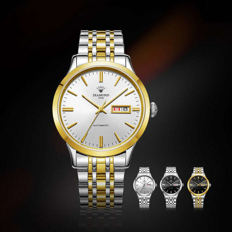 上海钻石牌手表男自动机械表防水夜光带星期日历商务官方正品男表