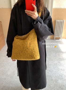 韩系秋冬自制羊毛混色斜挎包黄色毛呢轻便单肩包慵懒通勤托特大包