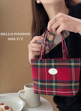 韩系新品自制红色格子纹手提包氛围感轻便小布包潮上班通勤单肩包