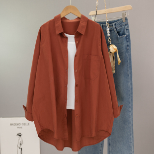 中长款纯棉铁锈红衬衫女复古简约大码刺绣上衣宽松慵懒风外套春秋