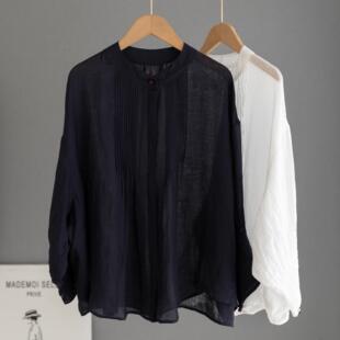 外贸日单重工风琴褶黑色苎麻衬衫女小立领薄款防晒上衣设计感小衫