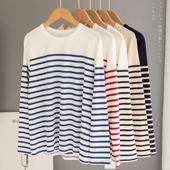 秋季 外贸出口高端纯棉蓝白条纹T恤女长袖 清新减龄内搭打底衫 上衣