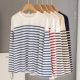 秋季 外贸出口高端纯棉蓝白条纹T恤女长袖 清新减龄内搭打底衫 上衣