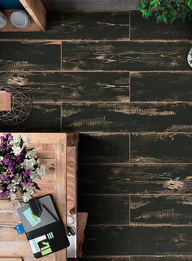 老上海风瓷砖黑色做旧木纹砖美式白色木纹条仿实木仿古砖150x800