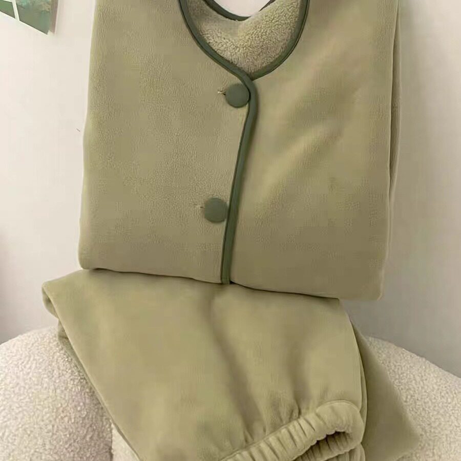 睡衣女秋冬款2024新款加厚珊瑚绒加绒小香风开衫圆领可外穿家居服