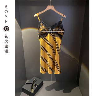 Rose 胸垫可取奢华 带胸垫蕾丝吊带睡裙女夏季 冰丝家居服套装