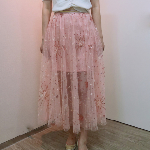 原创2024秋季 a字裙星空星星刺绣珠片纱裙高腰中长裙仙女裙半身裙