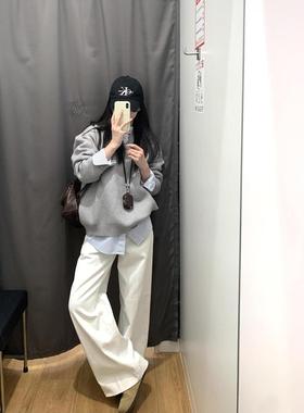 美式水洗白色牛仔裤女春秋季新款高腰宽松身材显瘦阔腿拖地裤子