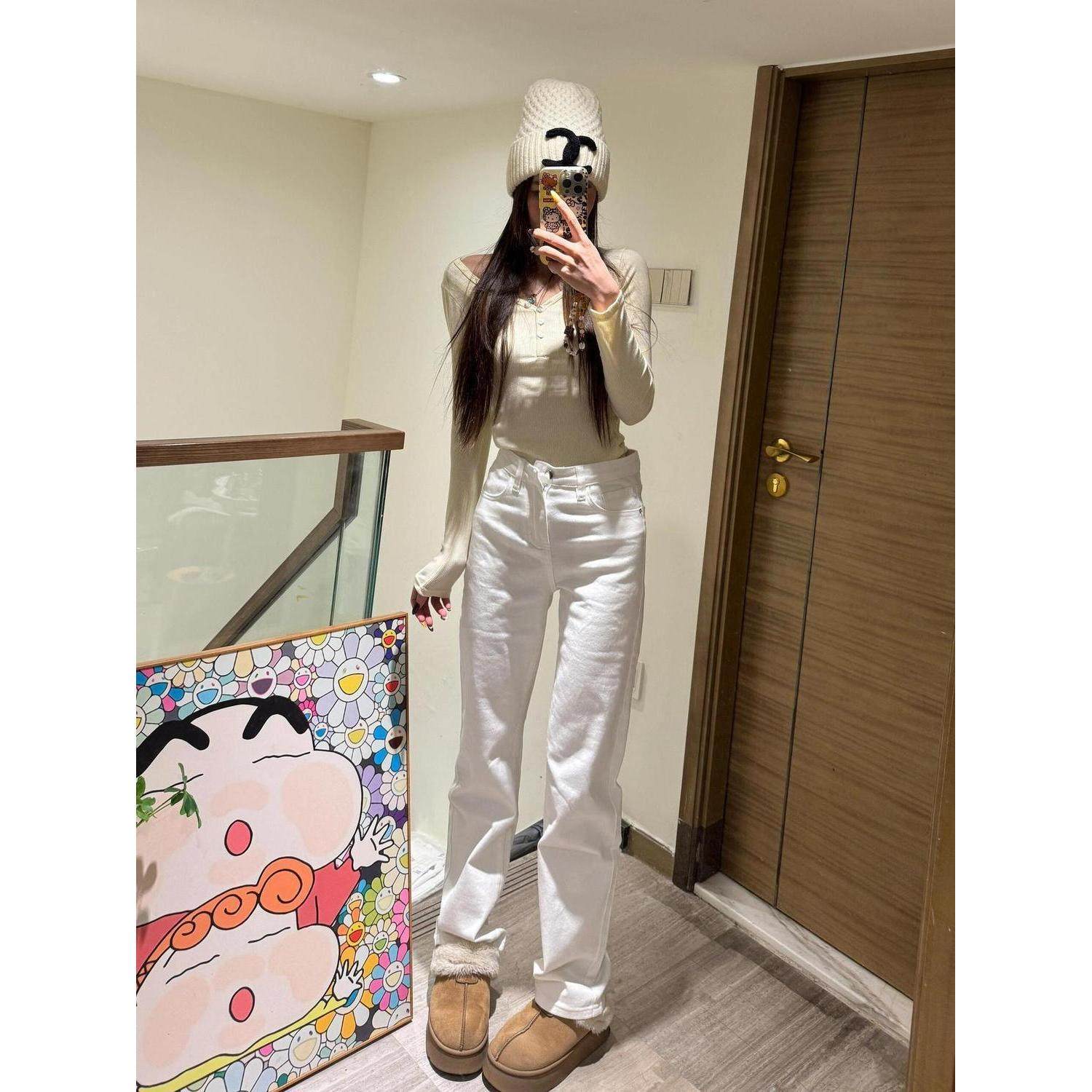 欧货白色牛仔裤女春秋百搭新款高腰显瘦宽松弹力直筒烟管拖地裤子